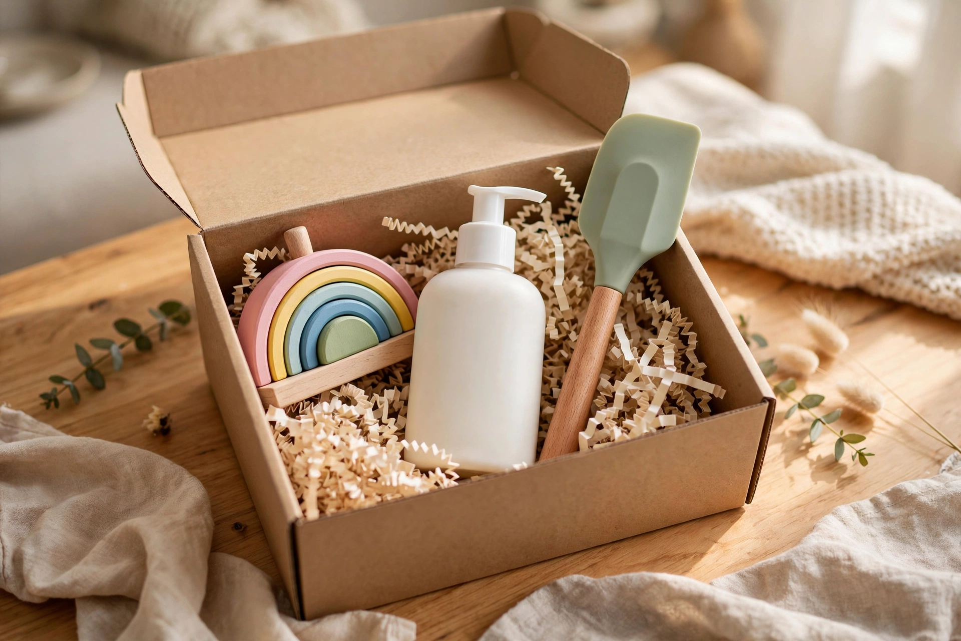 Open gift box with family products — toy, baby lotion, kitchen gadget