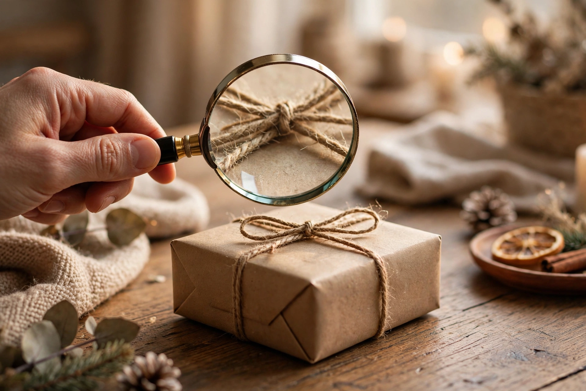 Checking a giveaway carefully with a magnifying glass
