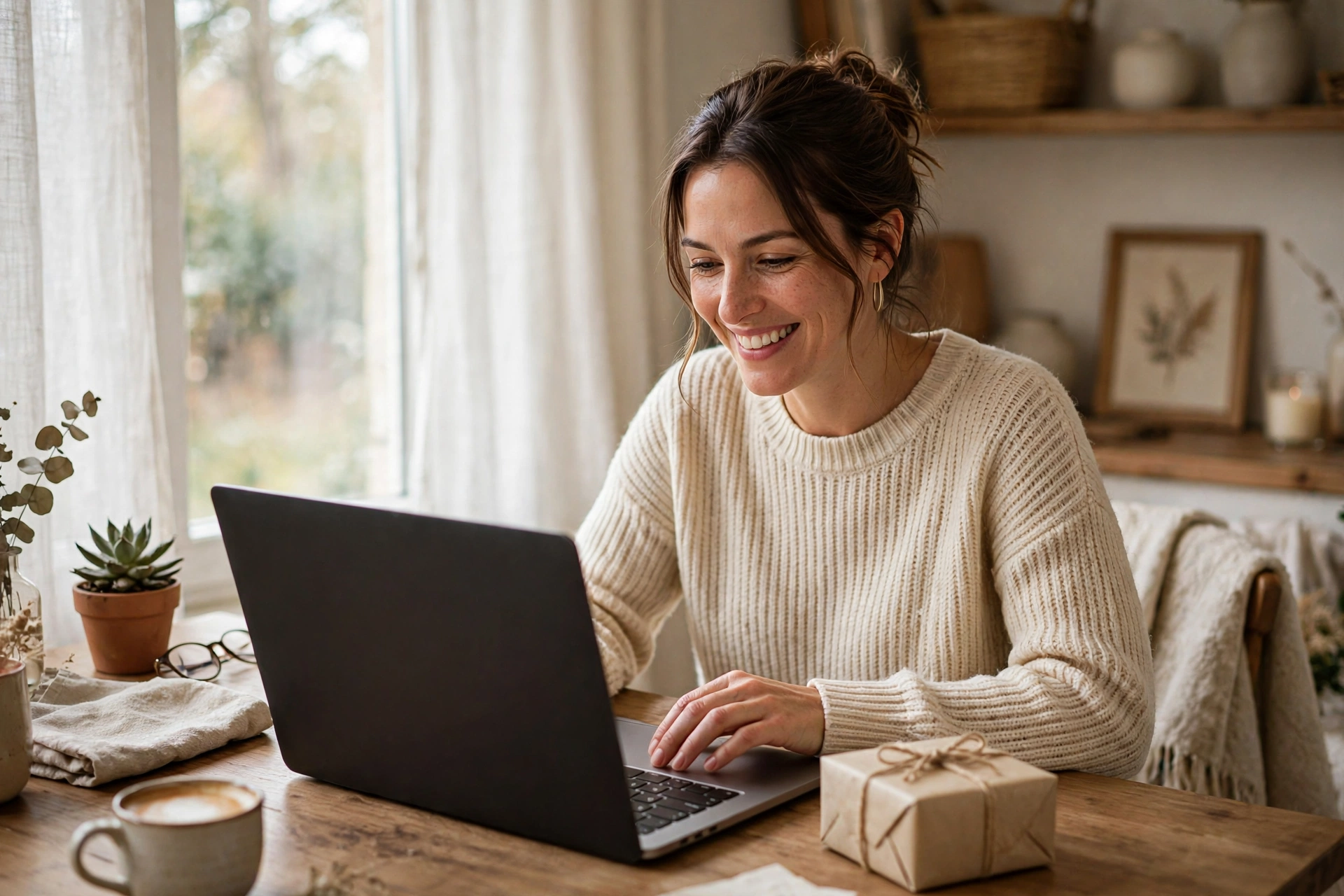 Mom entering an online giveaway on a laptop at home