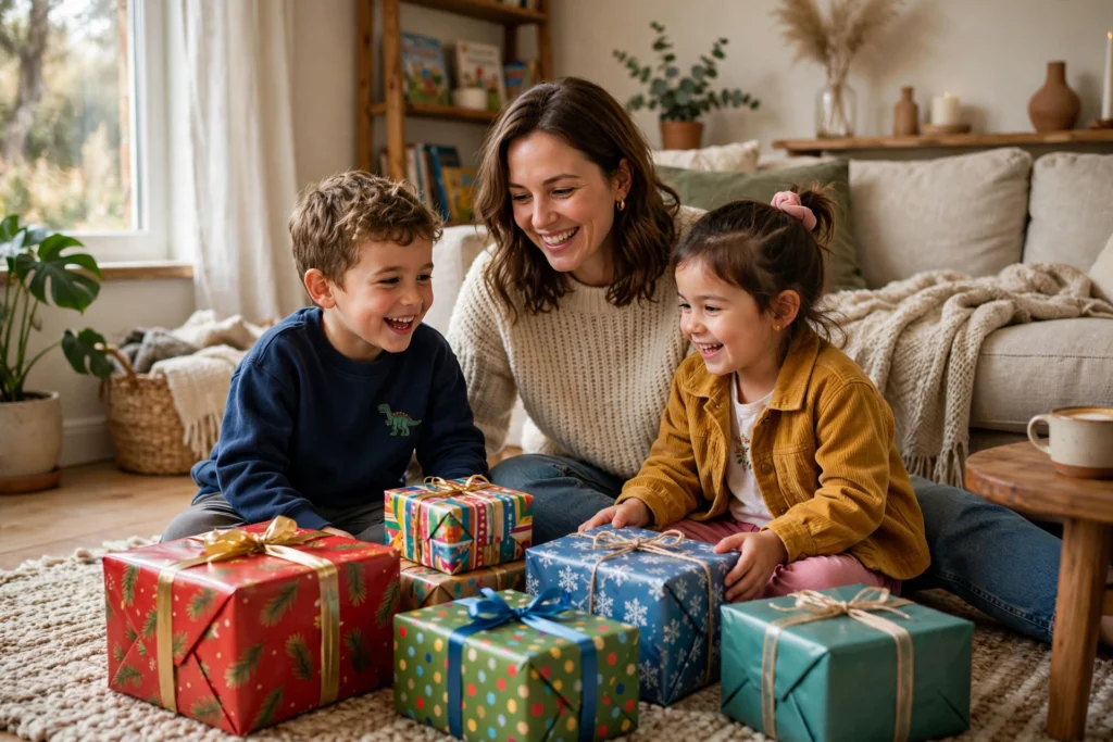 Happy mom with kids and gift boxes from a family giveaway